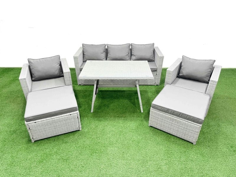 Fimous 7 Pieces Outdoor PE Rattan Sofa Armchair Set Patio Garden Furniture Sets with Cushions 2 Big Stools Light Grey