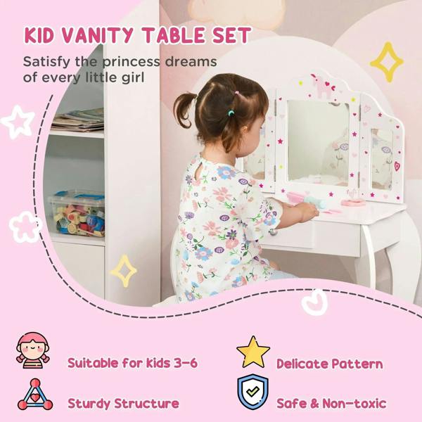 White kids vanity table set with tri-fold mirror and drawer, paired with stool
