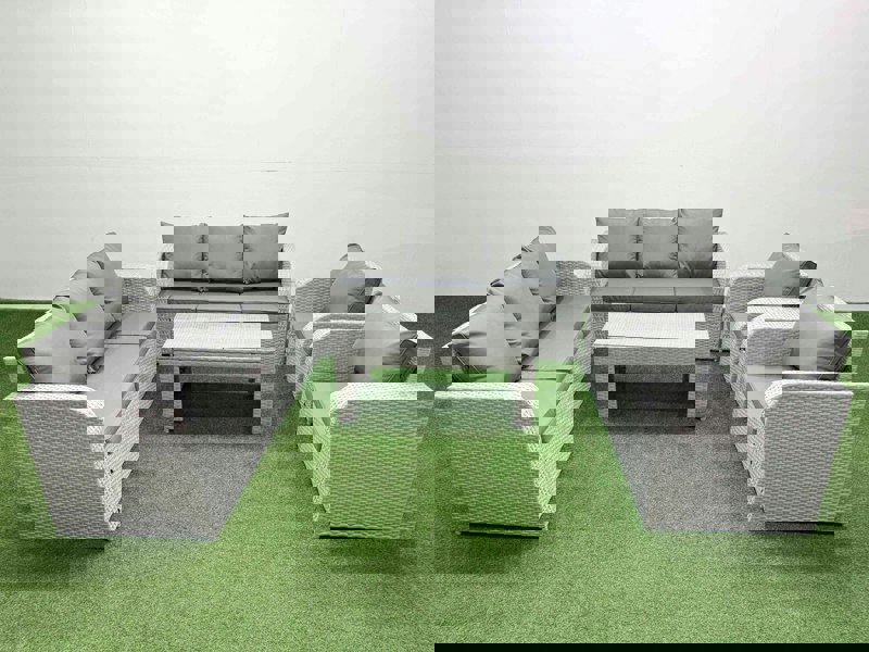 Fimous PE Rattan High Back Lounge Sofa Set Patio Oblong Coffee Table & Chairs Set with 3 Seater Sofa Reclining Chair Light Grey