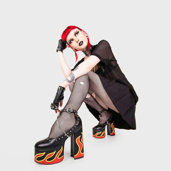 Lamoda Desire Black PU Flame Platform Heels Chunky Gothic Party High Heel