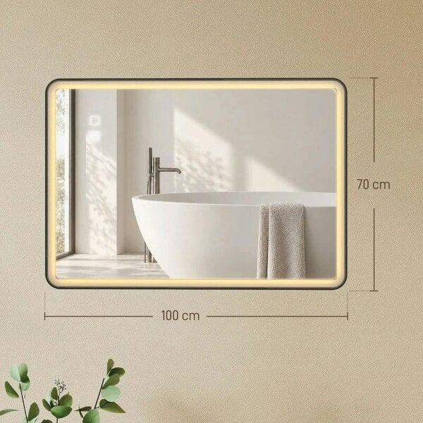Bathroom Mirror with LED Lights, 100x70cm Rectangle Bathroom Mirror, Dimmable, Bluetooth, Anti-Fog, Black