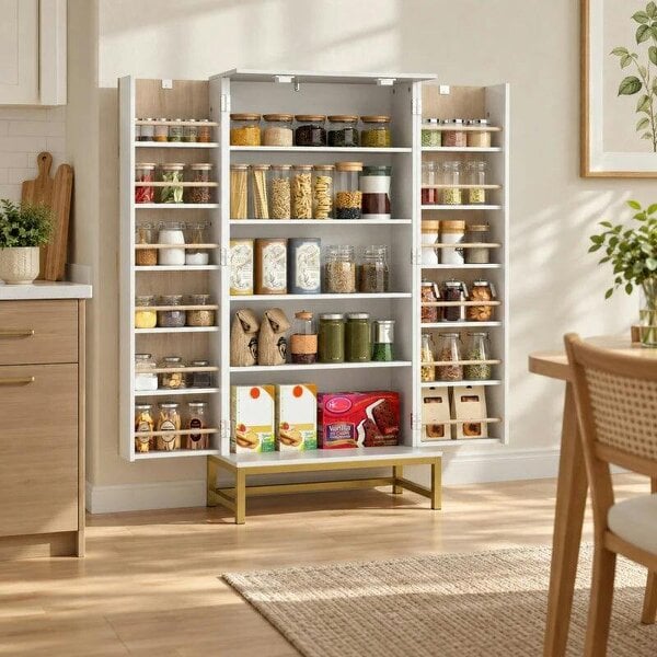 119.5 cm Kitchen Cupboard, Freestanding Kitchen Cabinet with Double Doors, 5 Tiers, 12 Spice Racks, White