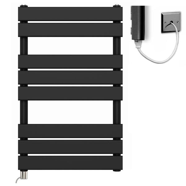 MYHOMEWARE 500 x 800mm Flat Panel Black Pre-filled Electric Heated Towel Rail Radiator Bathroom With Standard Pre-filled Element
