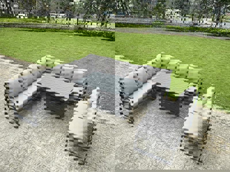 Fimous 8 Seater Aluminium Garden Furniture Set with Adjustable Rising Dining Table - Dark Grey