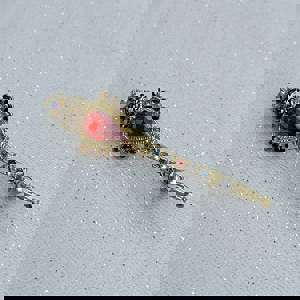 Gold crown brooch, regal design with red enamel accents, clear crystal embellishments, vintage inspired jewellery, royal statement accessory, elegant lapel pin, classic gift for her
