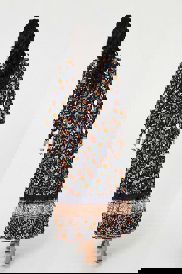 Navy | Floral Border Print Smocked Maxi Dress
