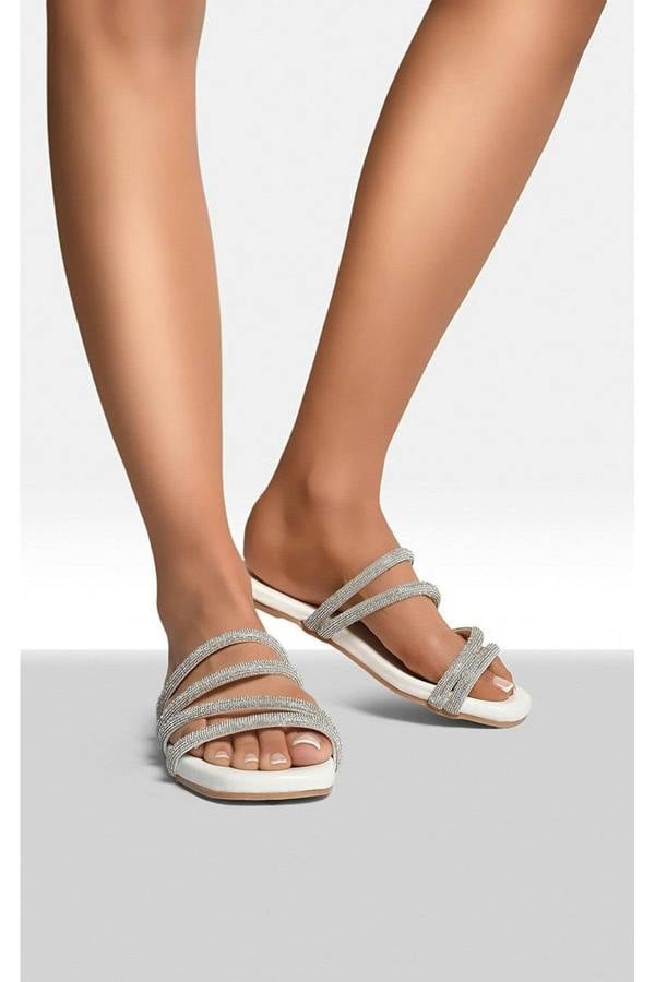 Reya Embellished Asymmetrical Strap Flat Sandals - White