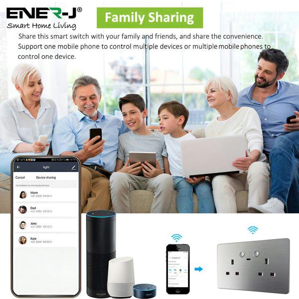 ENER-J smart WiFi socket with family sharing feature, multiple users controlling devices via mobile app