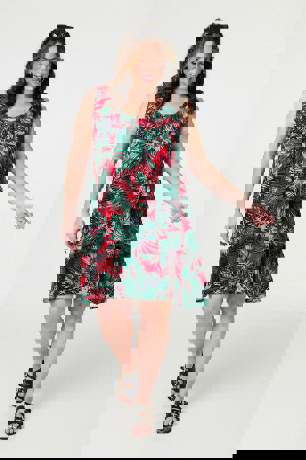 Red | Leaf Print Sleeveless Tunic Dress