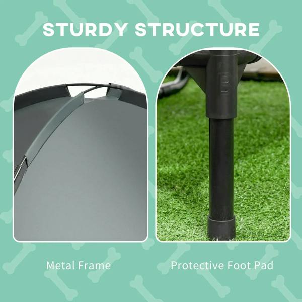 Grey metal-frame elevated pet cot with protective foot pads