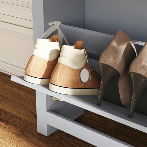 Wyld Haus Kamcha Grey and Natural Wood Narrow Shoe Cabinet With 2 Flip Drawers For 6 To 12 Pairs
