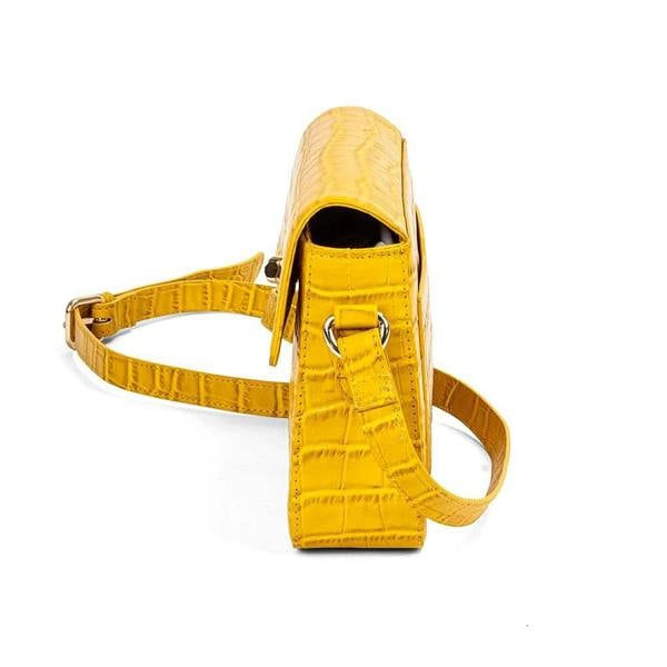 Pia Yellow Croc-Embossed Leather Cross-Body Bag, Slim Satchel with Gold