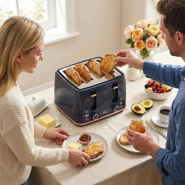 Toaster 4 slice, Toaster with 7 Browning Levels, High Lift, Reheat/Defrost/Cancel, Self-centring Function, Dark Blue