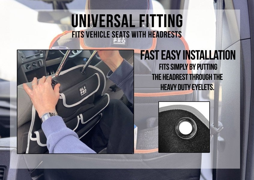 The Rear Single Seat Storage Organiser infographic depicting that the organiser has a universal that fits a variety of vehicles.