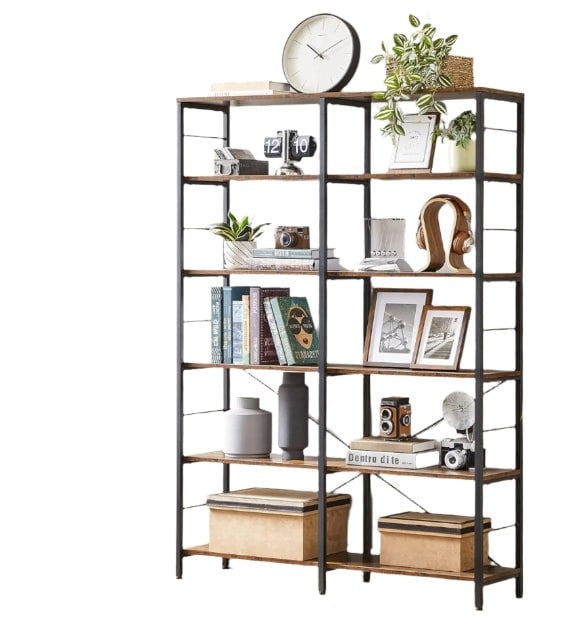 Modcraft 6-Tier Industrial Bookshelf with Steel Frame – Rustic Brown & Ink Black Tall Storage Shelf, 120 cm Wide