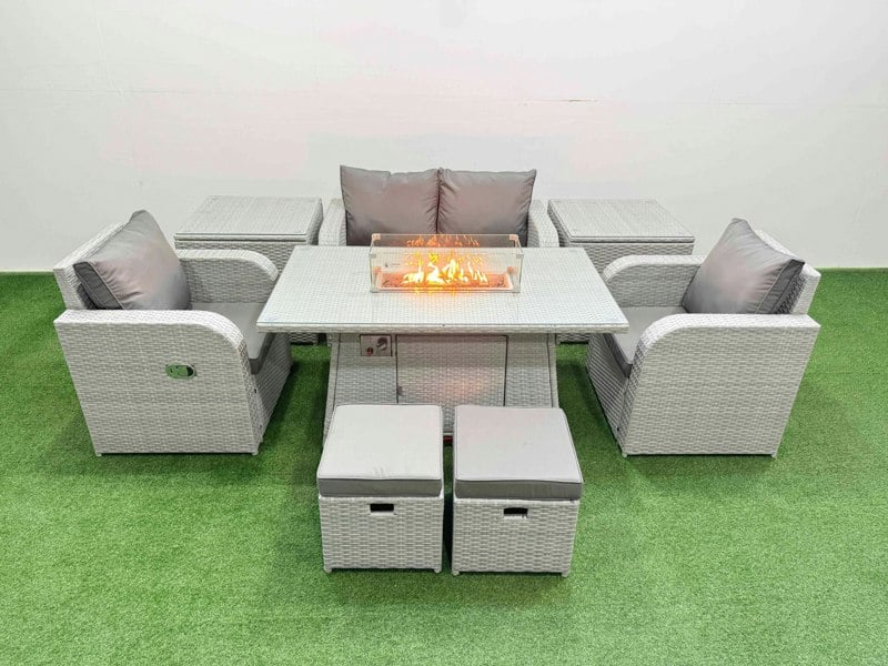Fimous Light Grey PE Wicker Rattan Garden Furniture Set Sofa Set Reclining Chair Fire Pit Dining Table 6 Seater 2 Small Stools 2 Side Table