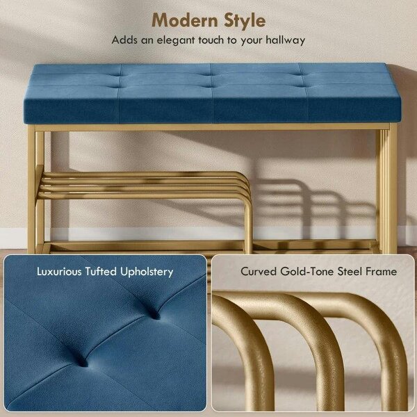 Bench and Shoe Storage, Tufted Shoe Storage Bench with Velvet Seat Cushion Gold Steel Frame for Entryway, Dark Blue