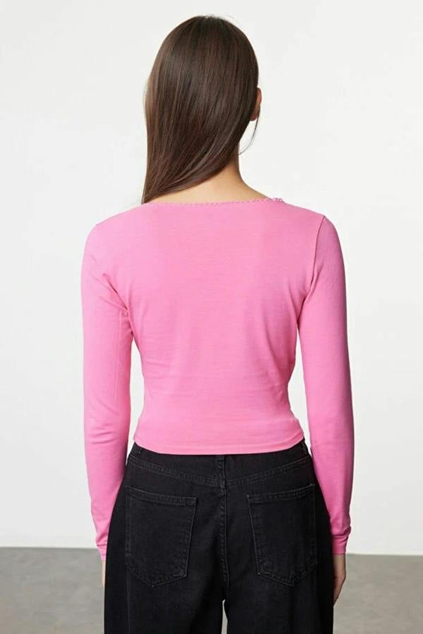 WOVCOR V-Neck Long Sleeve Crop Cotton Knit Blouse