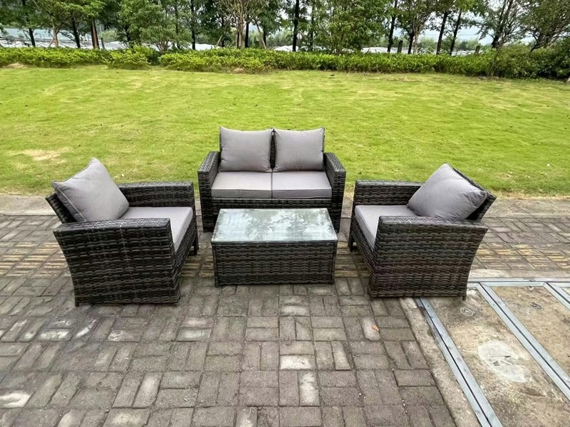 Fimous 4 Seater Grey Mixed High Back Rattan Sofa Set Rectangular Coffee Table Garden Furniture Outdoor Patio