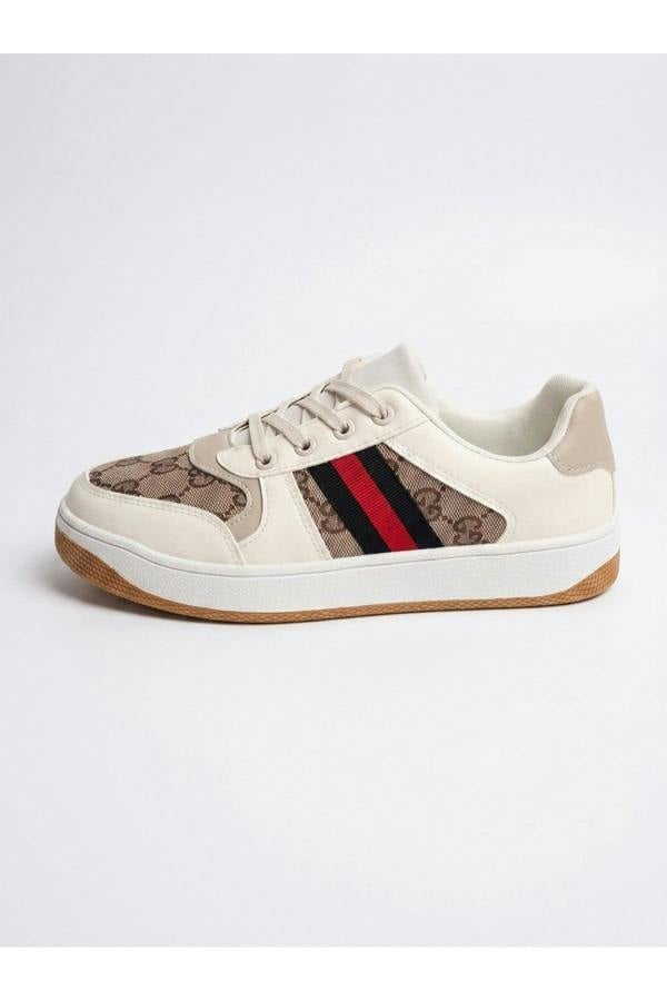 Pearl Patterned Panel Lace Up Trainers - Khaki