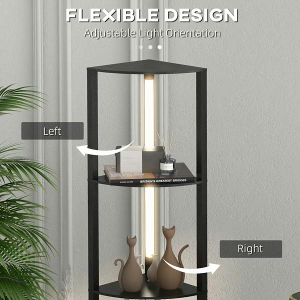 Black adjustable floor lamp with left-right light orientation and three glowing shelves