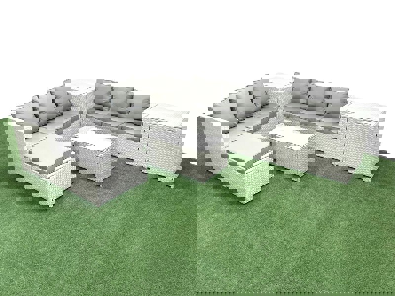 Fimous Garden Outdoor PE Rattan Furniture Set 7 Seater Rattan Garden Sofa Set with Big Footstool 2 Side Tables Light Grey Mixed