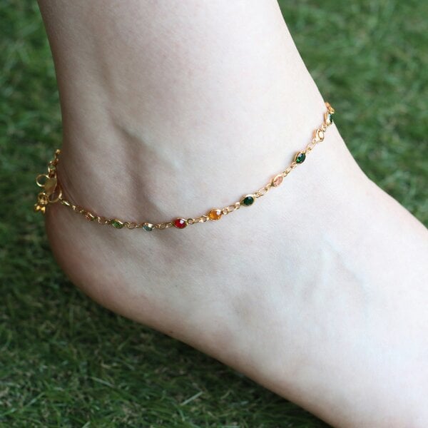 The Colourful Aura Golden Brass Rounds Multicolour Beads Foot Indian Payal Anklet