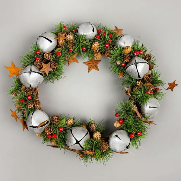 40cm Green Christmas Wreath with Silver Bells and Stars for Indoor or Sheltered Outdoor Display image 6