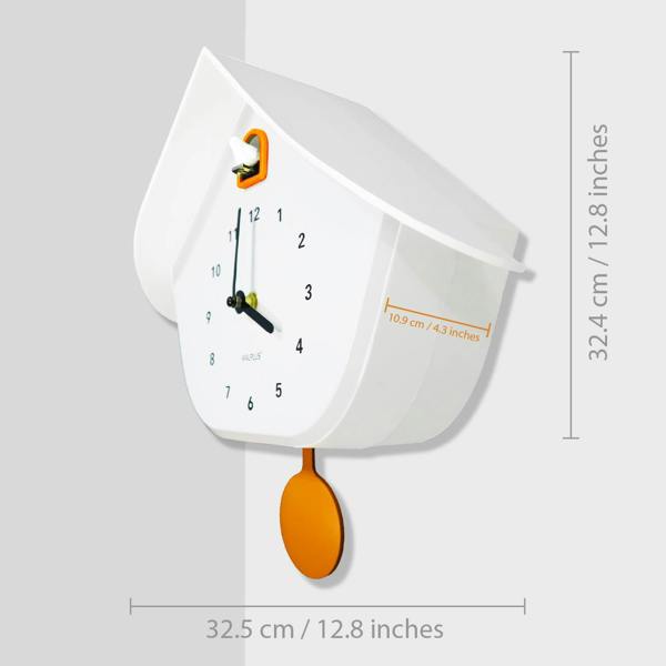 WALPLUS WC2165 Walplus White Cuckoo Wall Clock with Orange Accents & Pendulum, Modern Minimalist Battery Operated, 32.5cm
