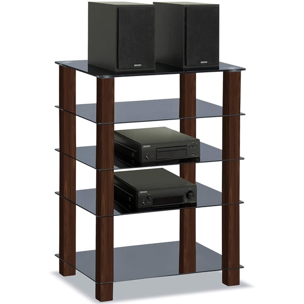 Centurion Supports TRINITY Gloss Black 5 Shelf with Walnut Legs Flat Screen TV Rack Glass Stand