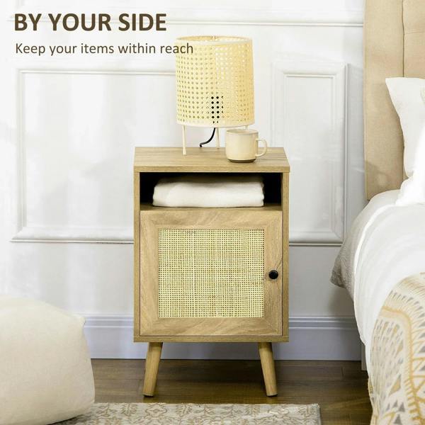 Natural wood bedside table with rattan cabinet door and open shelf, black knob