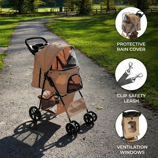 Monstershop Pet Stroller with Rain Cover – Woven Beige