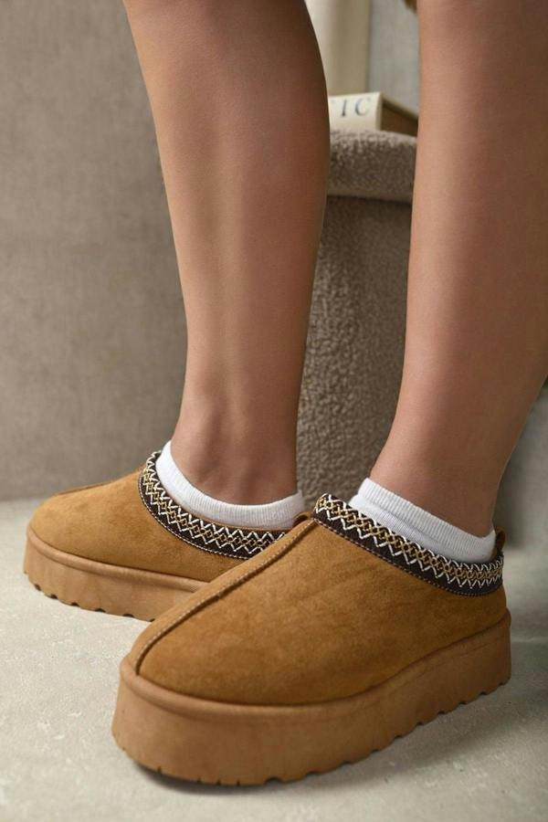 Jolene Aztec Detail Low Ankle Platform Slipper Boots - Chestnut