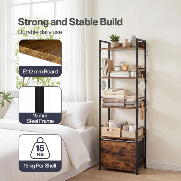 Levede Bookcase Drawer 5 Tier Slim Book Shelf Storage Unit Living Room Brown