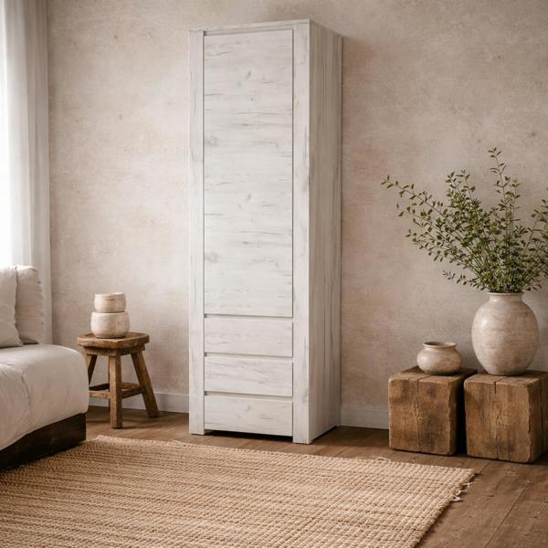 Wyld Haus Norwich Tall Narrow Aged Effect Soft Grey Wood Veneer Cupboard 1 Door 3 Drawer