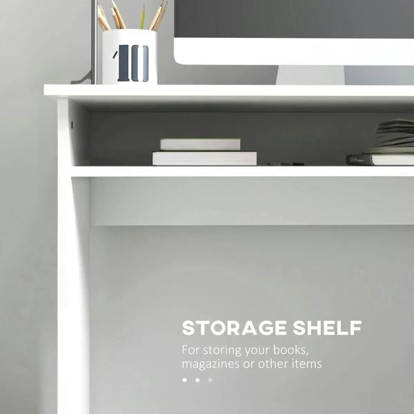 White storage shelf under the tabletop with two open levels