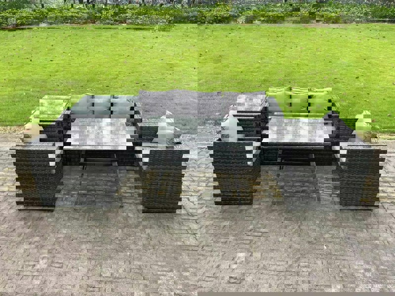 Fimous 5 Seater Wicker Rattan Outdoor Furniture Garden Dining Set with Sofa Oblong Dining Table Armchairs Side Table Dark Grey Mixed