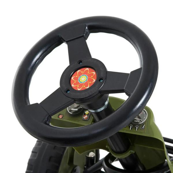 Green pedal go-kart steering wheel with decorative hub badge