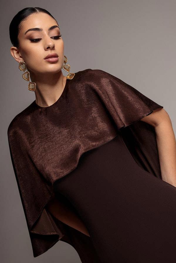 Goddiva Scoop Neck Velvet Satin Cape Sleeve Maxi Dress - Brown DR5074