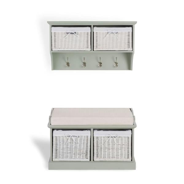 Statement Furniture Tetbury Bench with 2 White Wicker Baskets and Cushion Seat