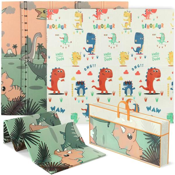 Foldable kids play mat with colorful dinosaur illustrations on reversible crawling surface