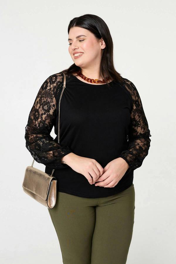 Black | Curve Floral Lace Long Sleeve Top