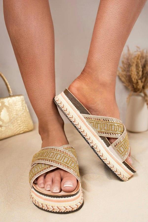 Yareli Embellished Cross Strap Platform Sandals - Gold