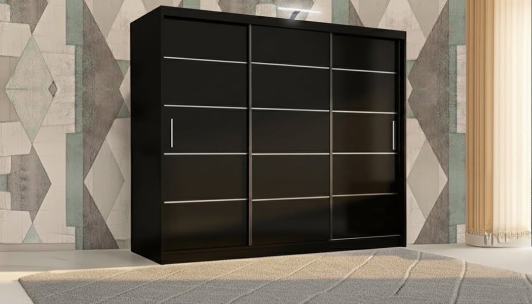 RAC3 Stylish Bedroom Sliding Wardrobe with LED Light -  comes in White/Grey/Black/Oak and Width 120cm/150cm/180cm/203cm/250cm (Black, 120cm)