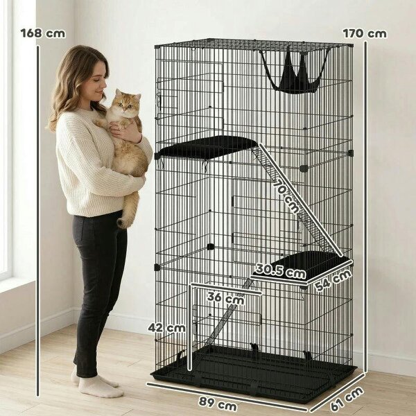 3-Tier Large Cat Cage Indoor, Detachable Metal Wire Kennel with Hammock, Platforms, Tray and Cushions for 1-2 Kittens