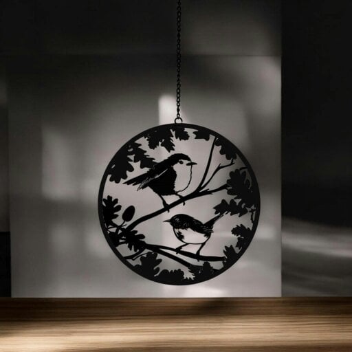 EDH Door Hardware Black Robin and Wren Hanging Mirror Silhouette, Bird Wall Art for Home & Garden Décor
