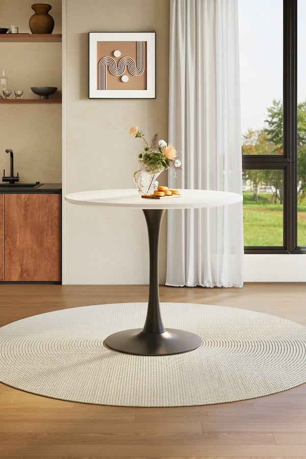 Living and Home Round Dining Table with Black Metal Base & MDF Top