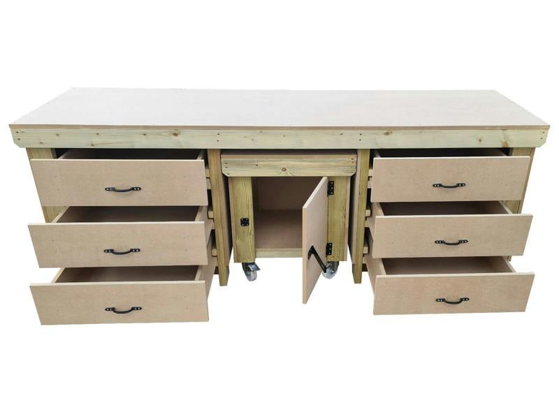 Wooden MDF Top Workbench (V.5) – Sturdy Workstation with Drawers and Functional Lockable Cupboard, Ideal for Garages, Workshops, and Studios.