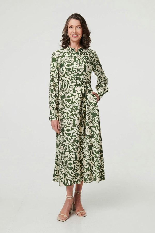 Green | Printed Long Sleeve Shirt Midi Dress
