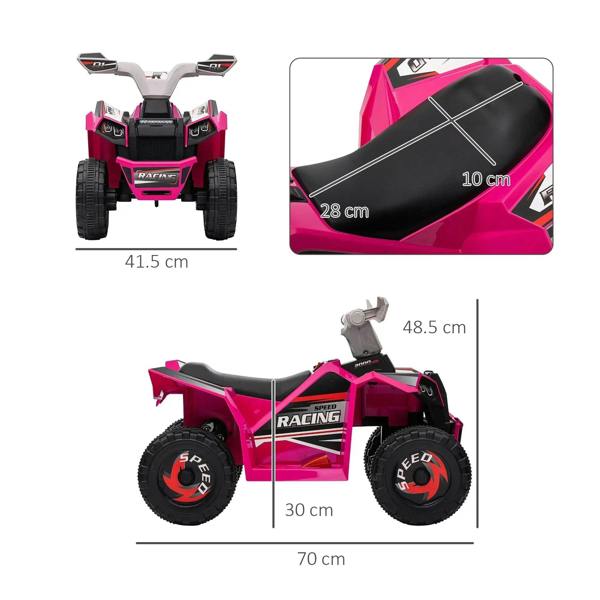 Pink quad bike front and side views with black seat, showing length and width